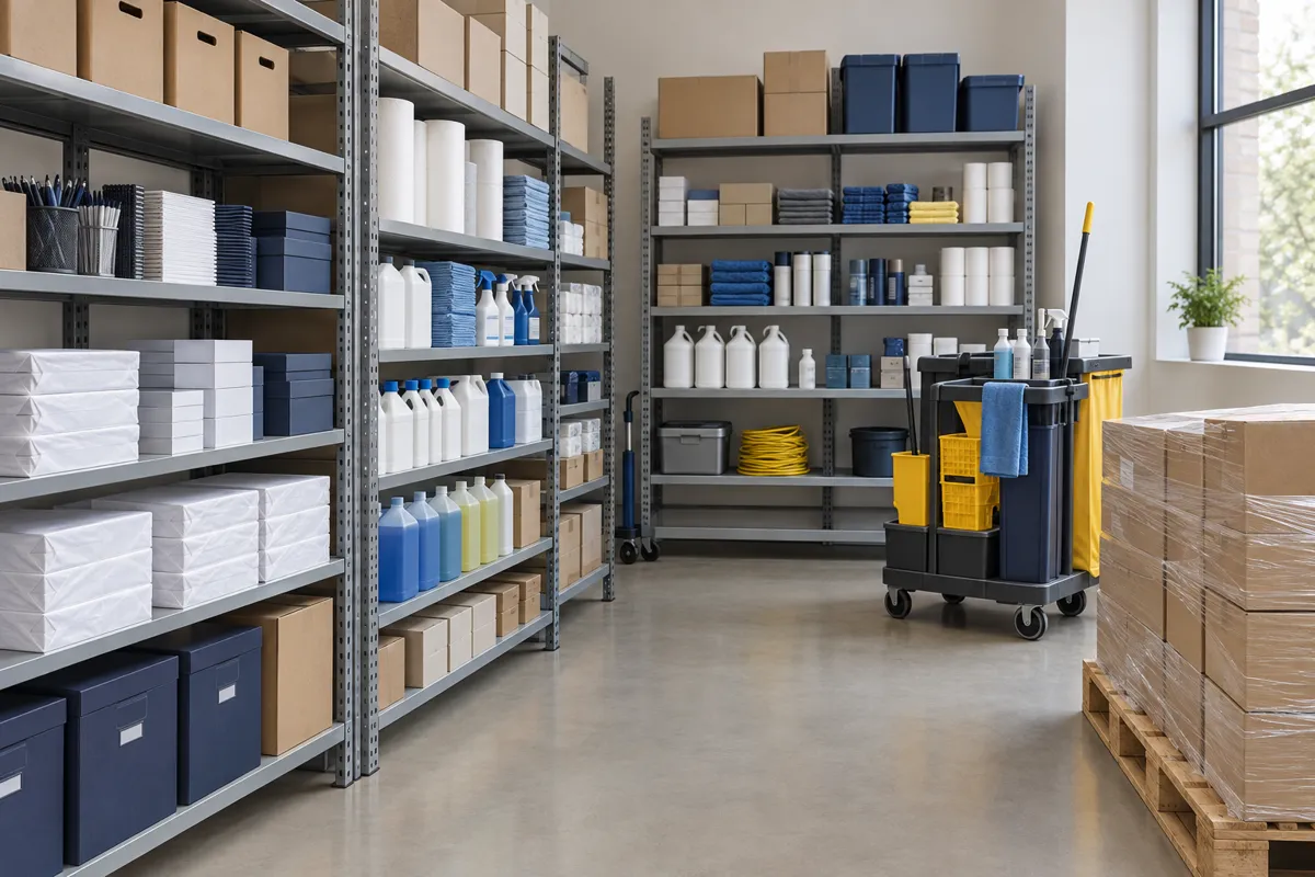 Supply room with steel shelving holding office, facility and maintenance supplies